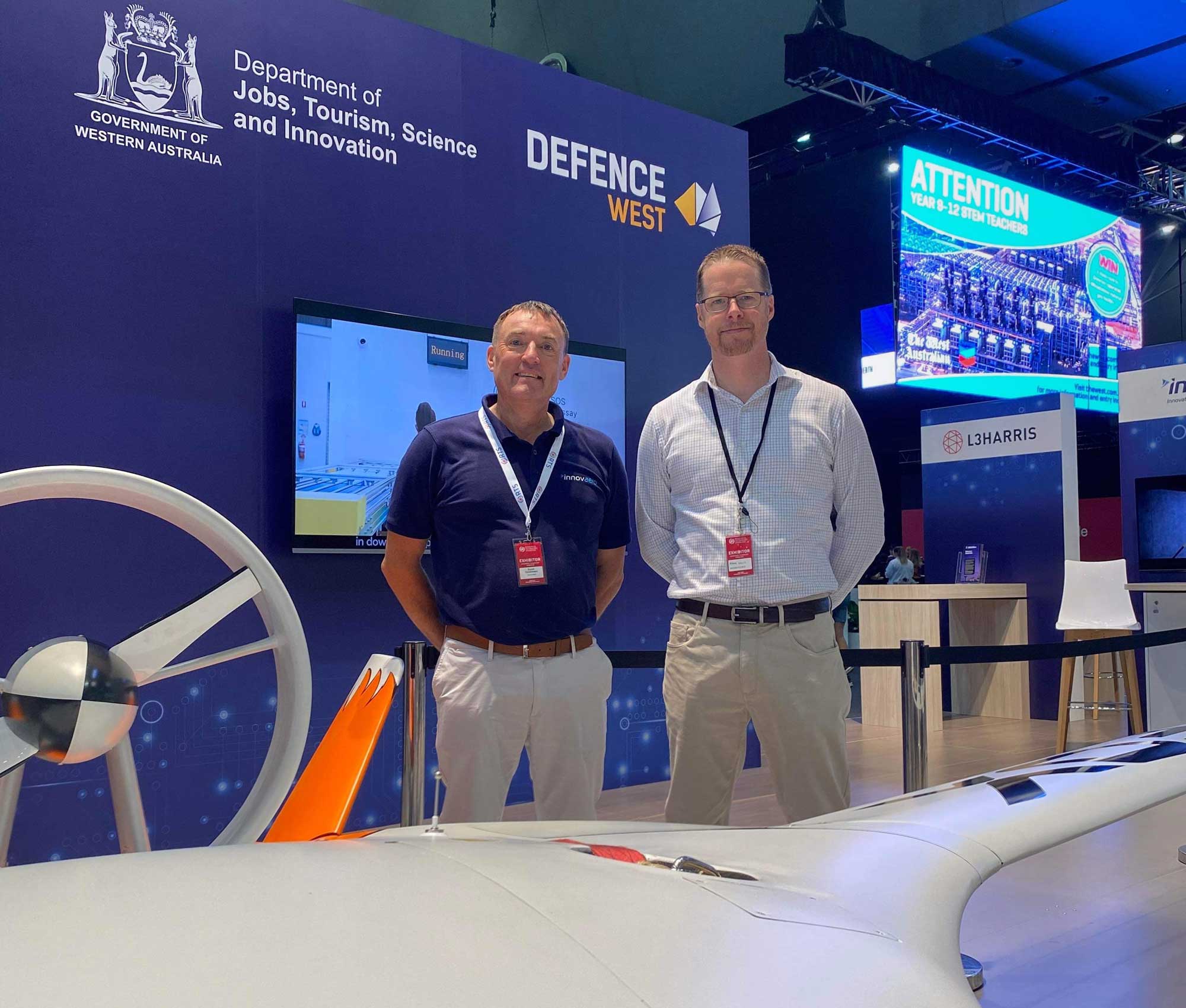 Dave Tomkinson, Innovaero Operations Manager and  Adam Kelly, Innovaero Airborne Systems Manager from Innovaero at the Defence West Stand in WA Resource and Technology Showcase 2023