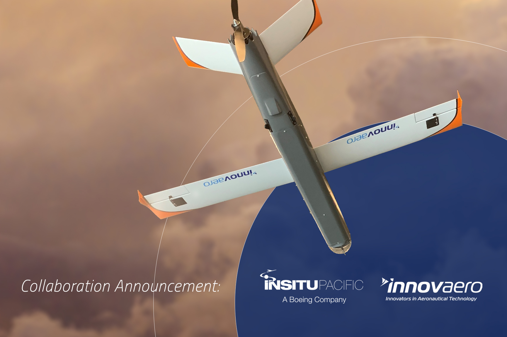 Innovaero and Insitu Pacific's collaboration announcement graphic showing the OWL-B image on colourful cloud background.
