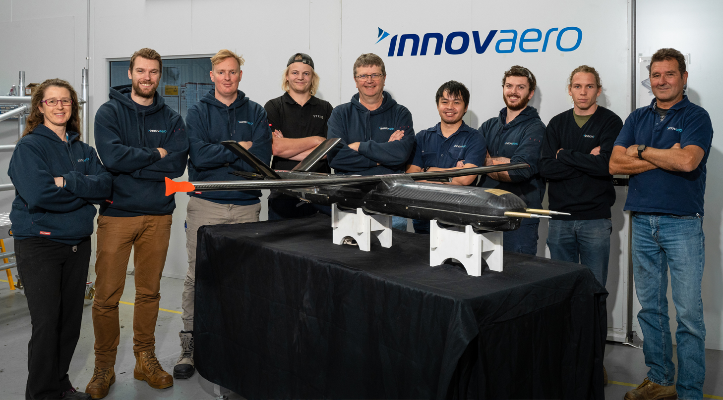 Innovaero's Simon Grosser and staff member with Dr Adriano Di Pietro’s, Director of the AIR Hub, at his recent visit to Innovaero facilities with OWL model